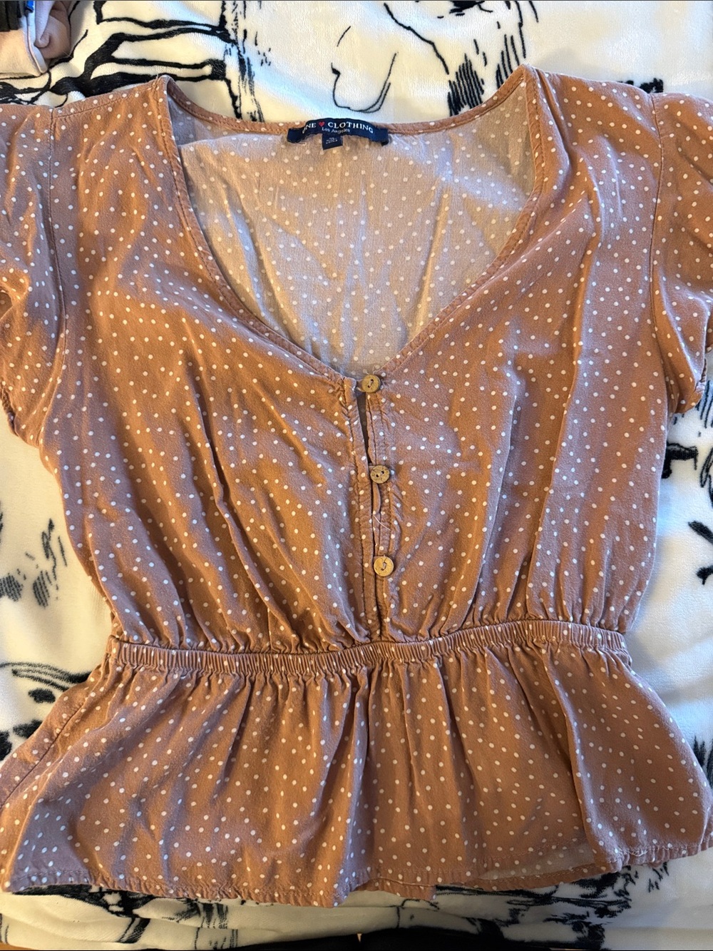 Polka Dot Peplum Button-Front Top in Rust